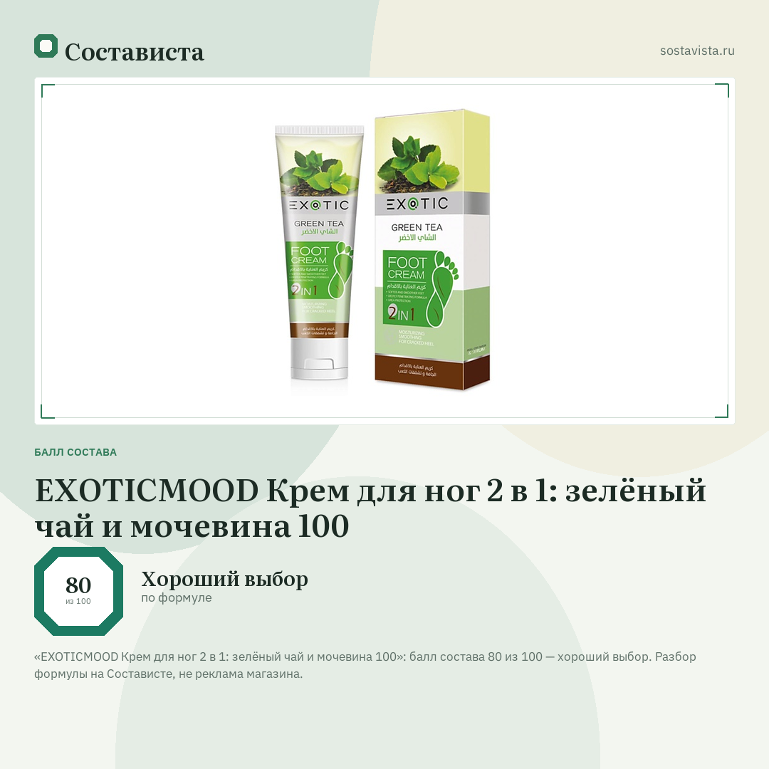 EXOTICMOOD Крем для ног 2 в 1: зелёный чай и мочевина 100: балл состава 80 из 100 — Состависта