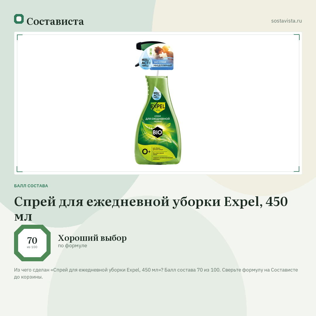 Спрей для ежедневной уборки Expel, 450 мл: балл состава 70 из 100 — Состависта