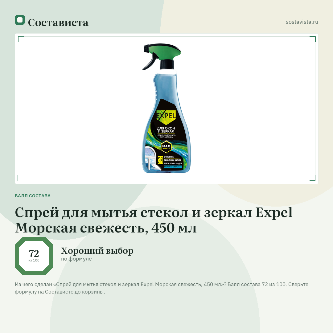 Спрей для мытья стекол и зеркал Expel Морская свежесть, 450 мл: балл состава 72 из 100 — Состависта