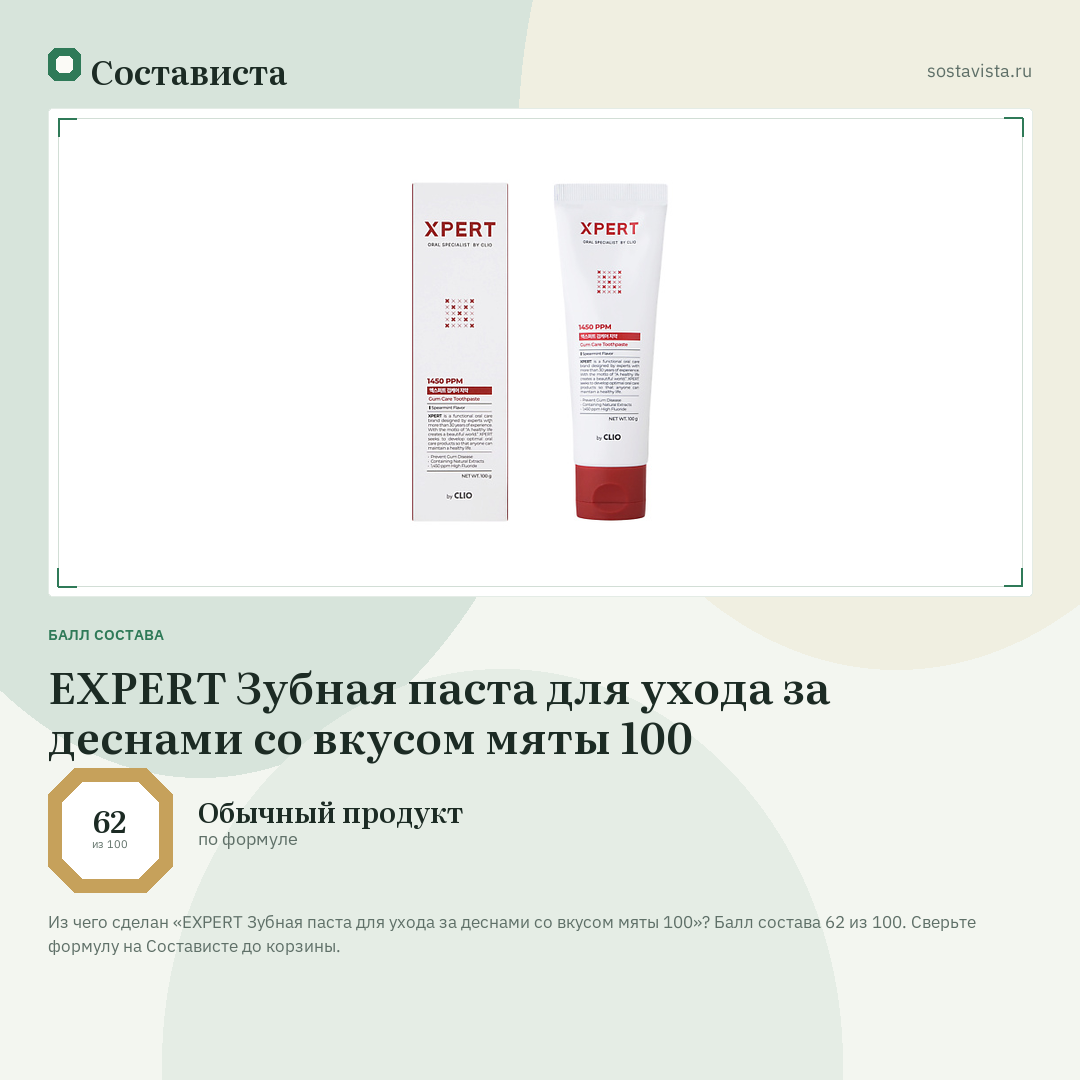 EXPERT Зубная паста для ухода за деснами со вкусом мяты 100: балл состава 62 из 100 — Состависта