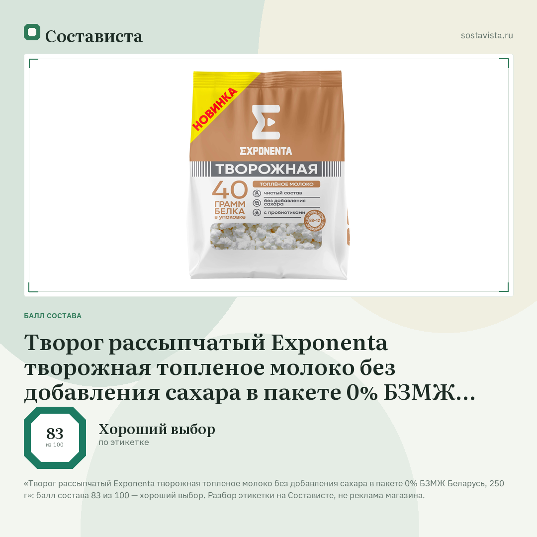 Творог рассыпчатый Exponenta творожная топленое молоко без добавления сахара в пакете 0% БЗМЖ Беларусь, 250 г: балл состава 83 из 100 — Состависта