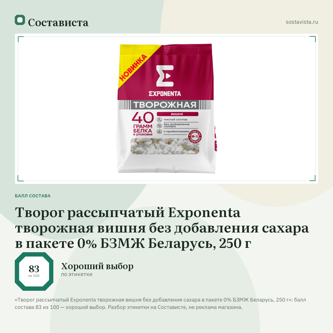 Творог рассыпчатый Exponenta творожная вишня без добавления сахара в пакете 0% БЗМЖ Беларусь, 250 г: балл состава 83 из 100 — Состависта