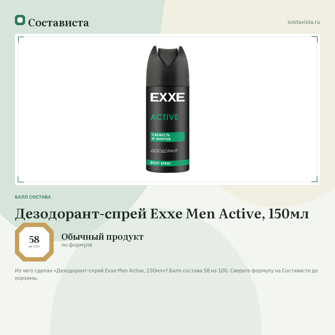 Дезодорант-спрей Exxe Men Active, 150мл: балл состава 58 из 100 — Состависта