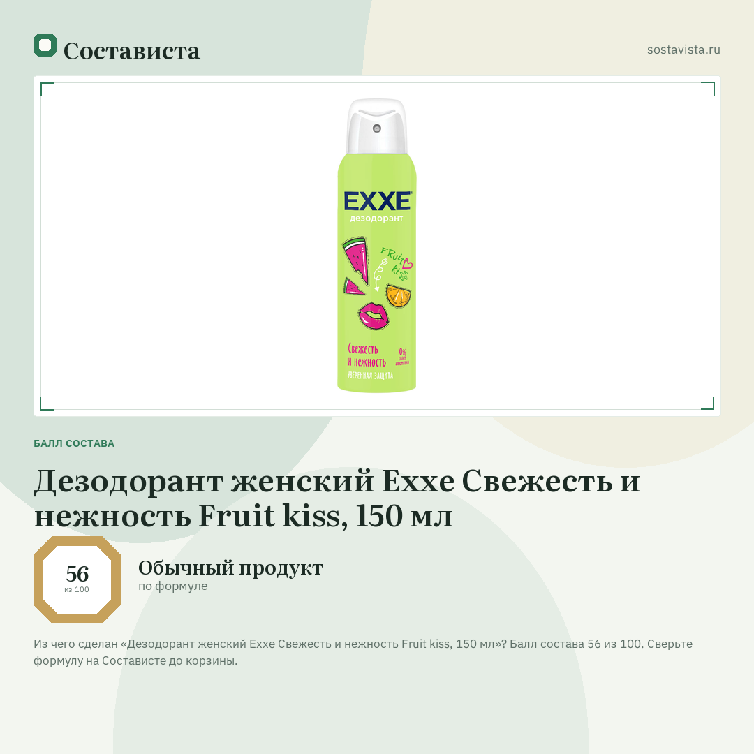Дезодорант женский Exxe Свежесть и нежность Fruit kiss, 150 мл: балл состава 56 из 100 — Состависта
