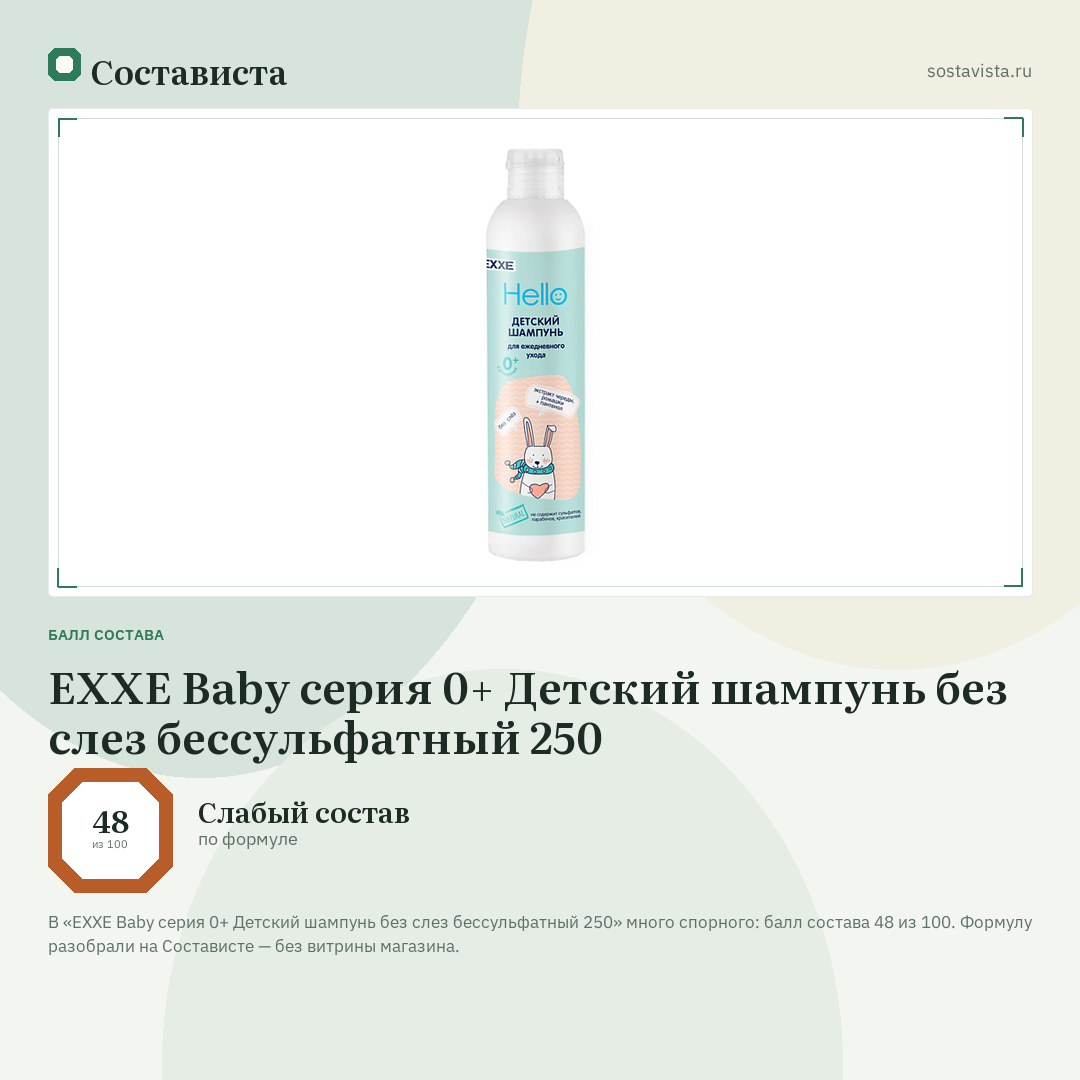 EXXE Baby серия 0+ Детский шампунь без слез бессульфатный 250: балл состава 48 из 100 — Состависта