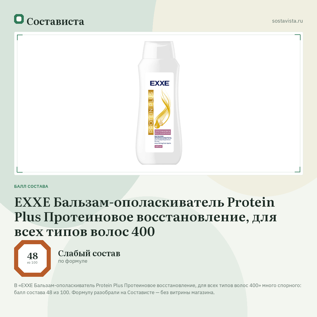 EXXE Бальзам-ополаскиватель Protein Plus Протеиновое восстановление, для всех типов волос 400: балл состава 48 из 100 — Состависта