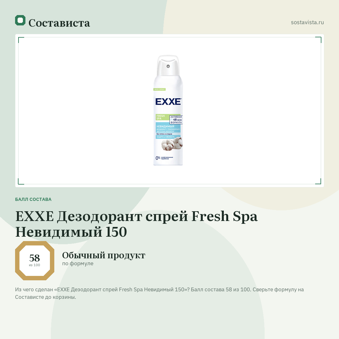 EXXE Дезодорант спрей Fresh Spa Невидимый 150: балл состава 58 из 100 — Состависта