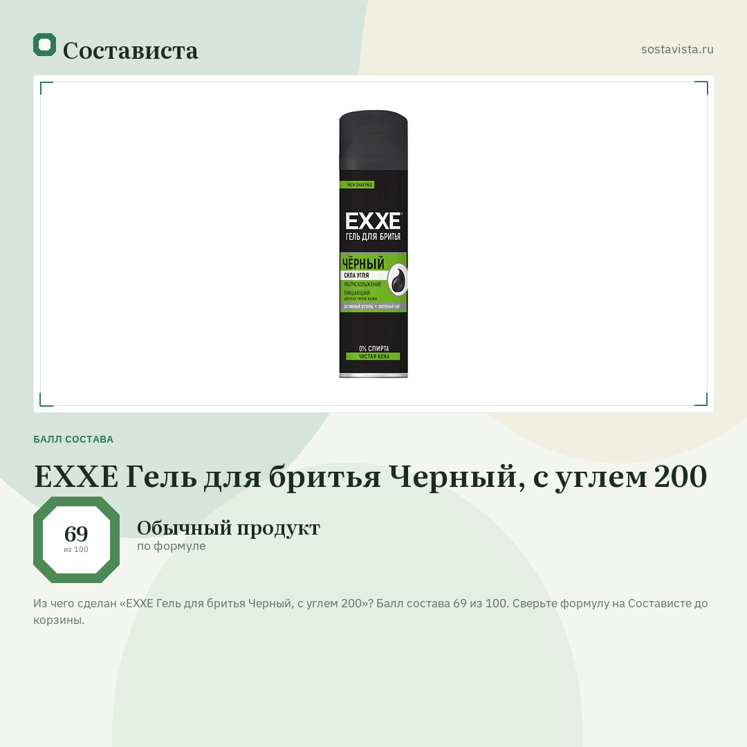 EXXE Гель для бритья Черный, с углем 200: балл состава 69 из 100 — Состависта