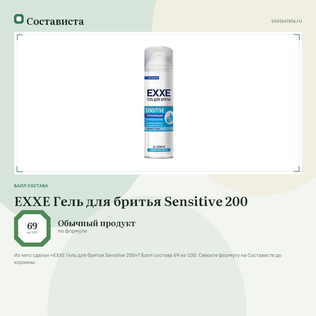 EXXE Гель для бритья Sensitive 200: балл состава 69 из 100 — Состависта