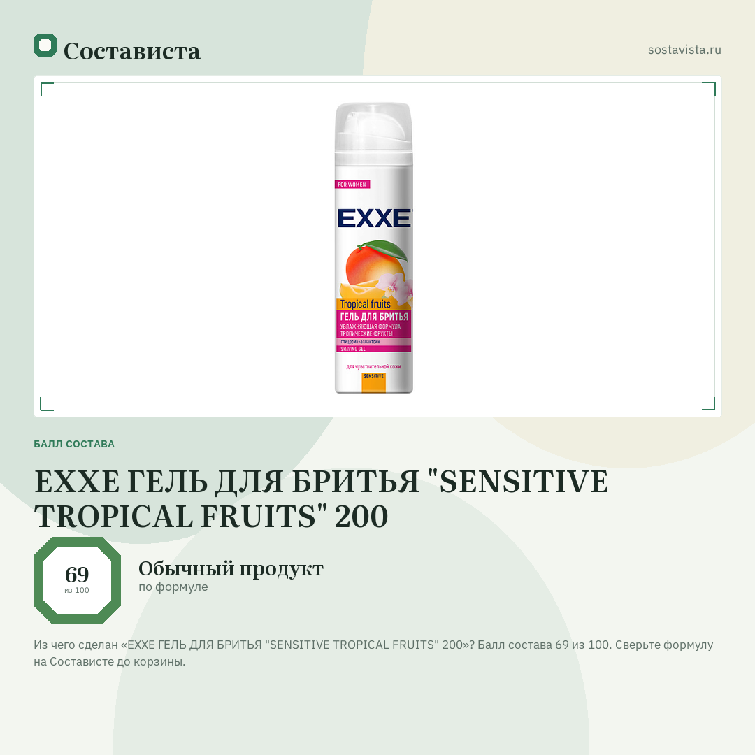 EXXE ГЕЛЬ ДЛЯ БРИТЬЯ "SENSITIVE TROPICAL FRUITS" 200: балл состава 69 из 100 — Состависта