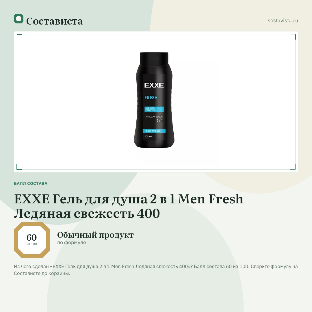 EXXE Гель для душа 2 в 1 Men Fresh Ледяная свежесть 400: балл состава 60 из 100 — Состависта