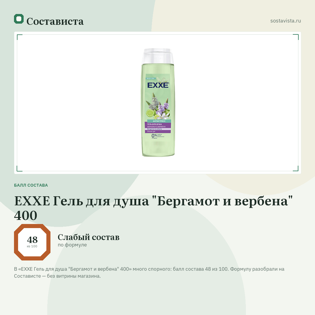 EXXE Гель для душа "Бергамот и вербена" 400: балл состава 48 из 100 — Состависта