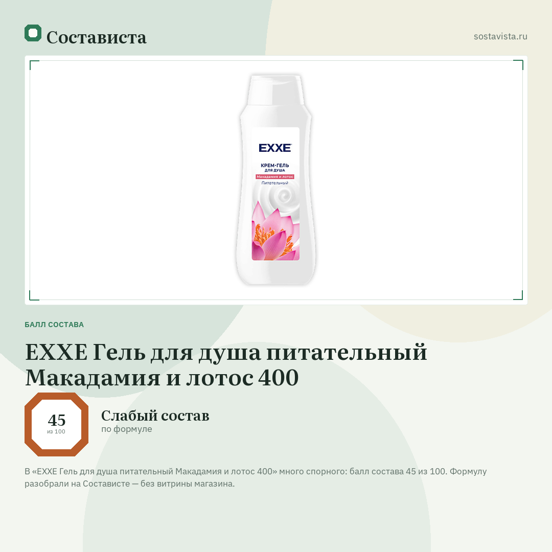 EXXE Гель для душа питательный Макадамия и лотос 400: балл состава 45 из 100 — Состависта