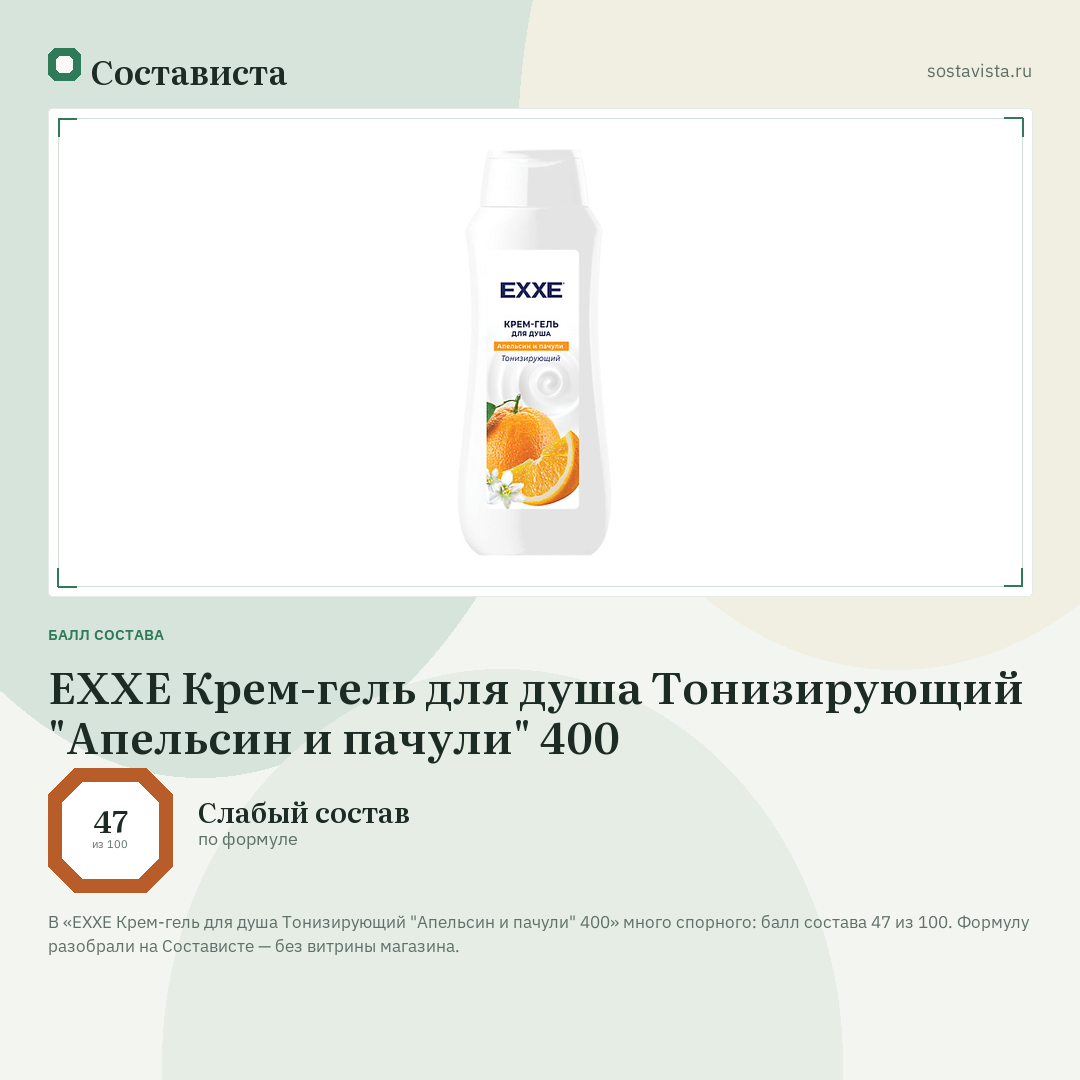 EXXE Крем-гель для душа Тонизирующий "Апельсин и пачули" 400: балл состава 47 из 100 — Состависта