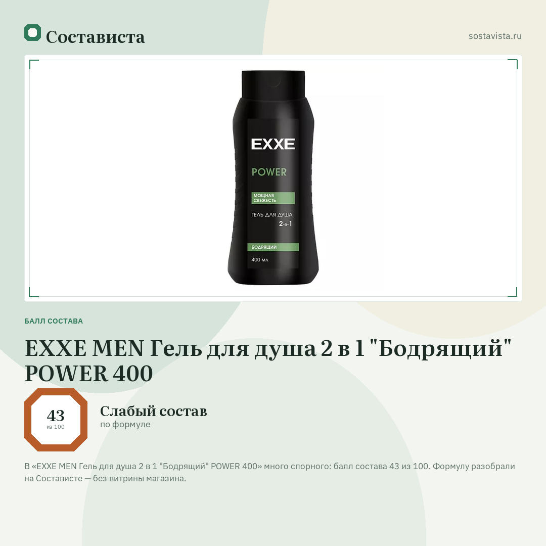 EXXE MEN Гель для душа 2 в 1 "Бодрящий" POWER 400: балл состава 43 из 100 — Состависта
