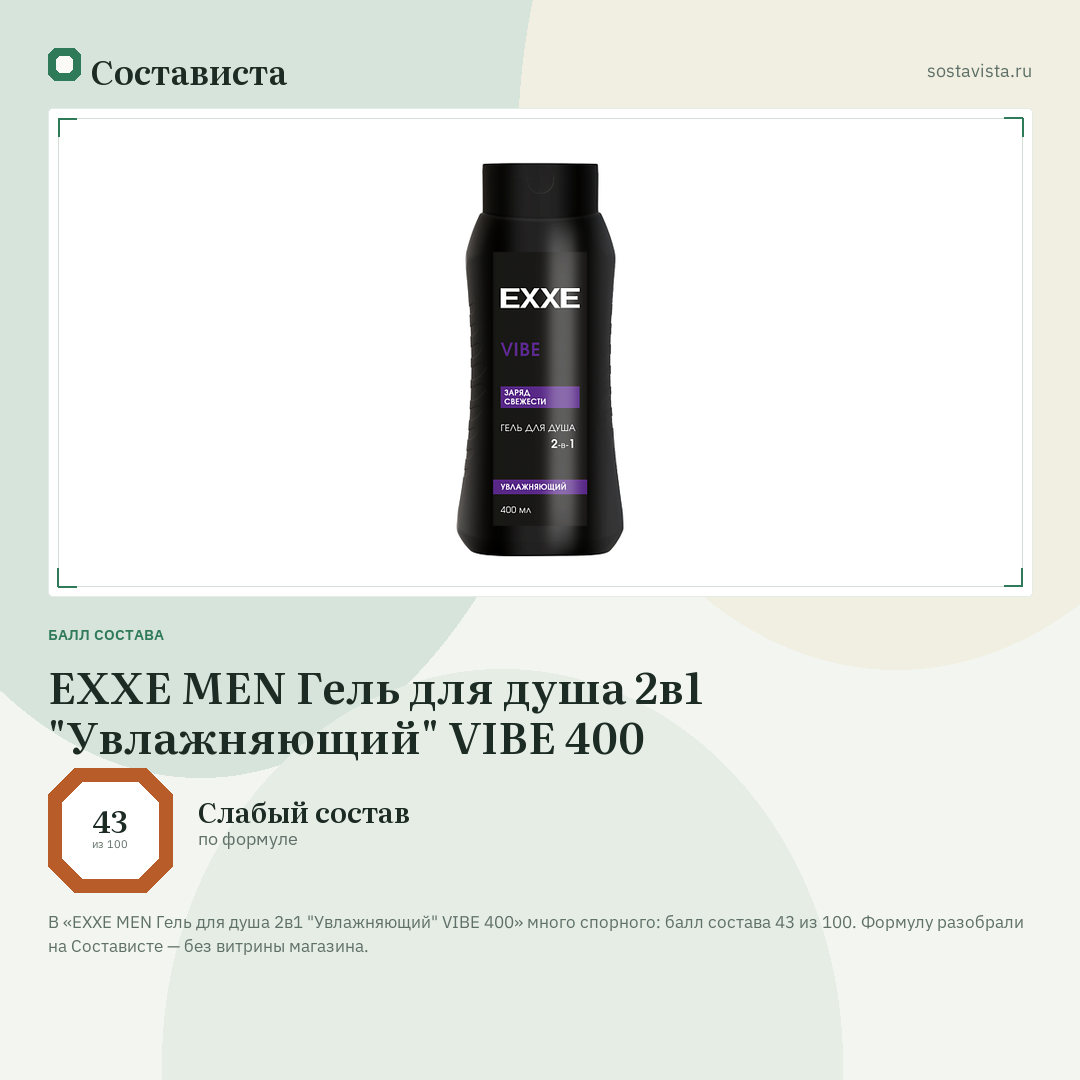 EXXE MEN Гель для душа 2в1 "Увлажняющий" VIBE 400: балл состава 43 из 100 — Состависта
