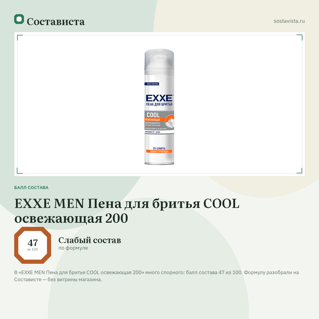 EXXE MEN Пена для бритья COOL освежающая 200: балл состава 47 из 100 — Состависта