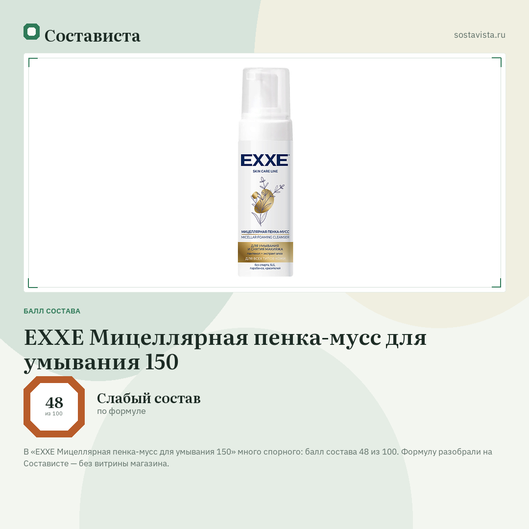 EXXE Мицеллярная пенка-мусс для умывания 150: балл состава 48 из 100 — Состависта