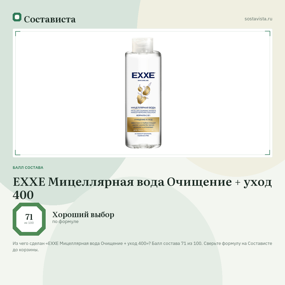 EXXE Мицеллярная вода Очищение + уход 400: балл состава 71 из 100 — Состависта