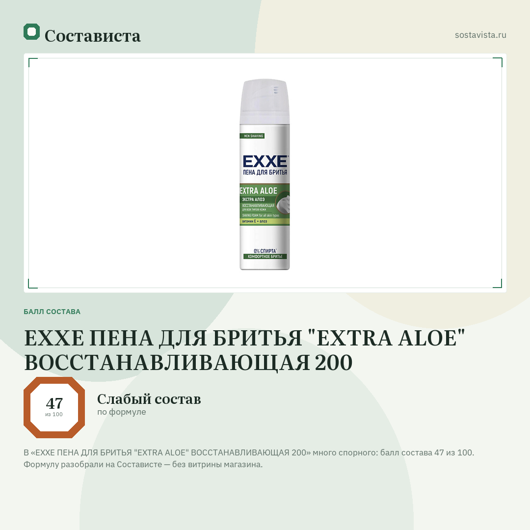 EXXE ПЕНА ДЛЯ БРИТЬЯ "EXTRA ALOE" ВОССТАНАВЛИВАЮЩАЯ 200: балл состава 47 из 100 — Состависта