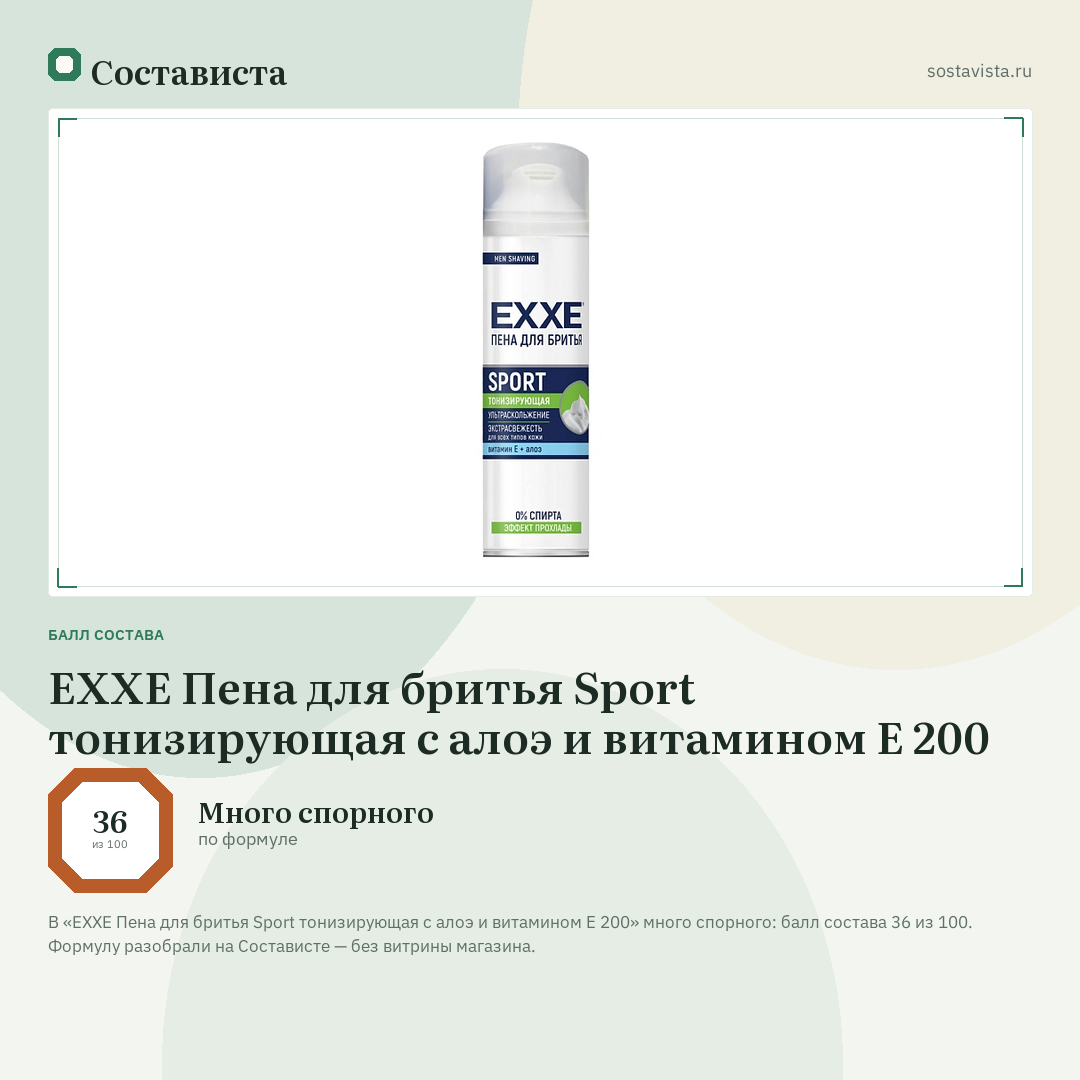 EXXE Пена для бритья Sport тонизирующая с алоэ и витамином Е 200: балл состава 36 из 100 — Состависта
