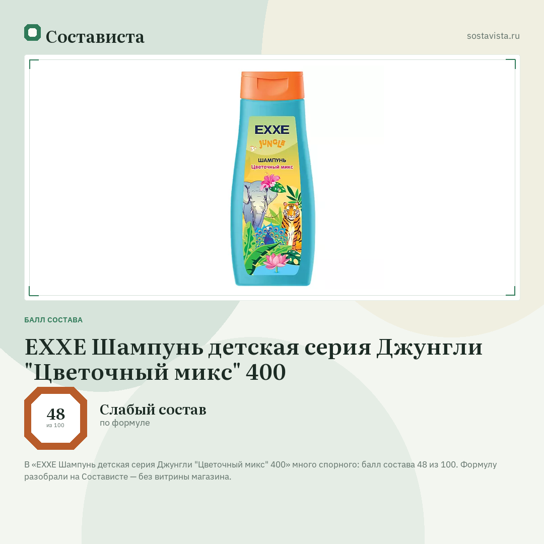 EXXE Шампунь детская серия Джунгли "Цветочный микс" 400: балл состава 48 из 100 — Состависта