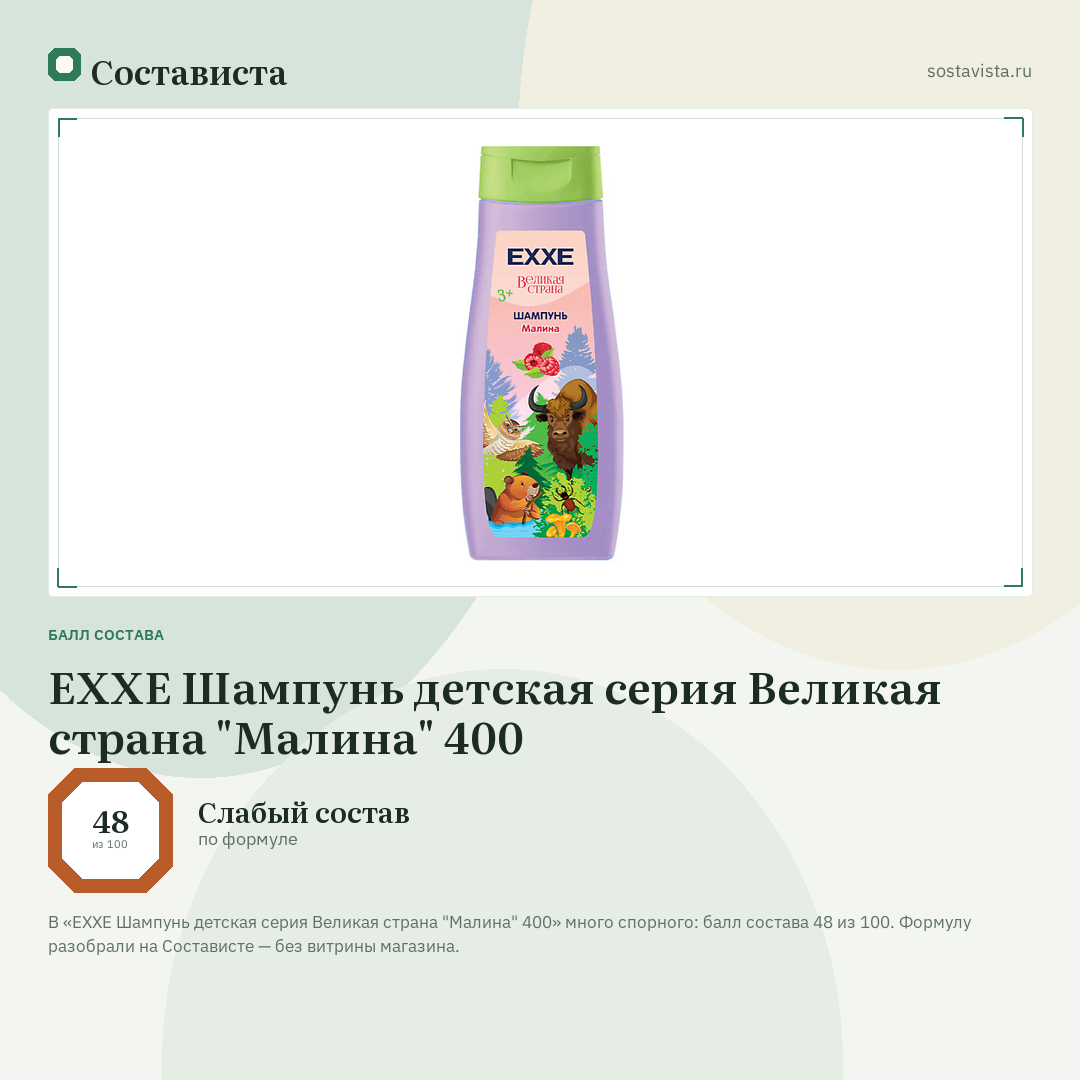 EXXE Шампунь детская серия Великая страна "Малина" 400: балл состава 48 из 100 — Состависта