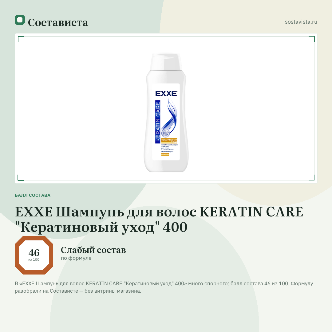 EXXE Шампунь для волос KERATIN CARE "Кератиновый уход" 400: балл состава 46 из 100 — Состависта