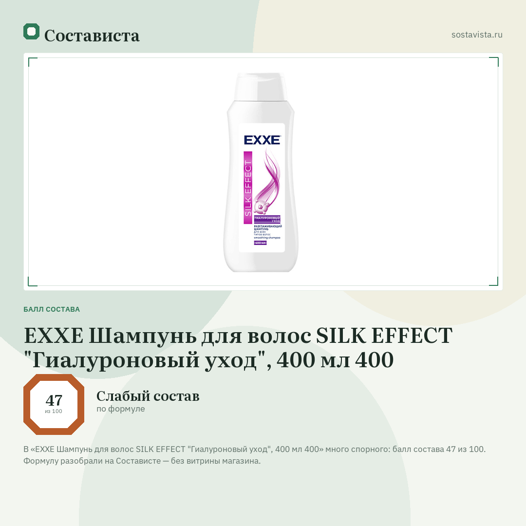 EXXE Шампунь для волос SILK EFFECT "Гиалуроновый уход", 400 мл 400: балл состава 47 из 100 — Состависта