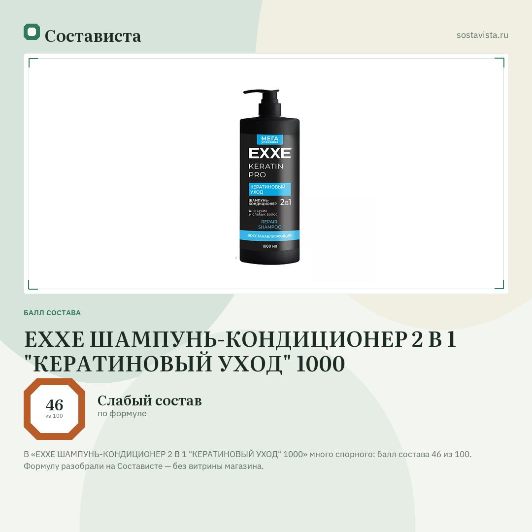 EXXE ШАМПУНЬ-КОНДИЦИОНЕР 2 В 1 "КЕРАТИНОВЫЙ УХОД" 1000: балл состава 46 из 100 — Состависта