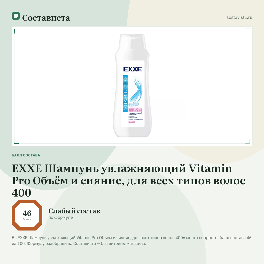 EXXE Шампунь увлажняющий Vitamin Pro Объём и сияние, для всех типов волос 400: балл состава 46 из 100 — Состависта