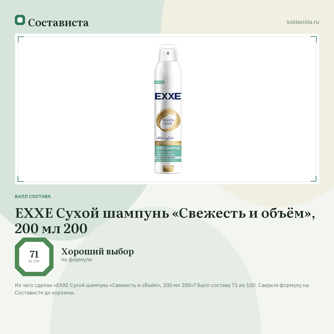 EXXE Сухой шампунь «Свежесть и объём», 200 мл 200: балл состава 71 из 100 — Состависта