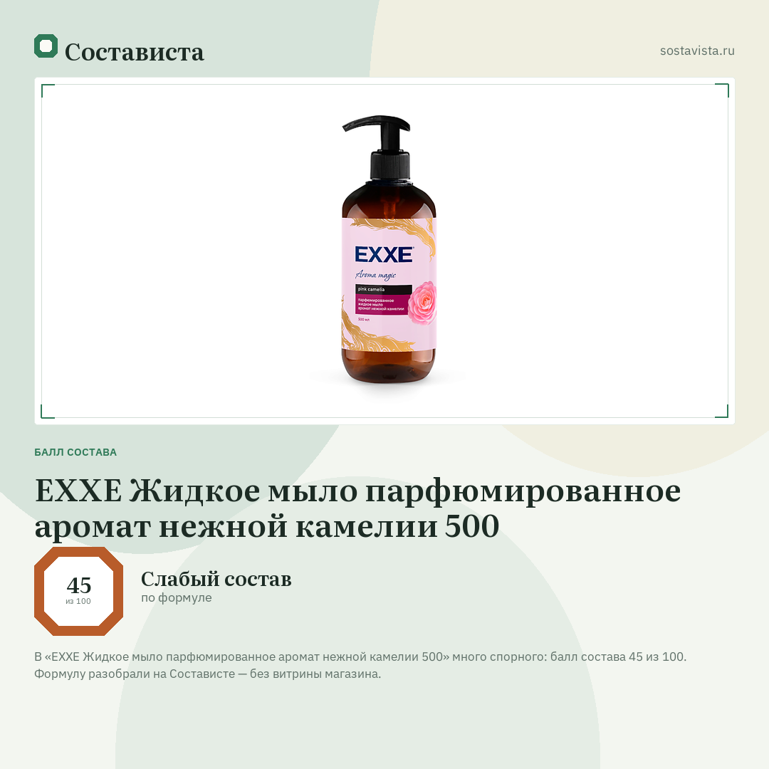 EXXE Жидкое мыло парфюмированное аромат нежной камелии 500: балл состава 45 из 100 — Состависта
