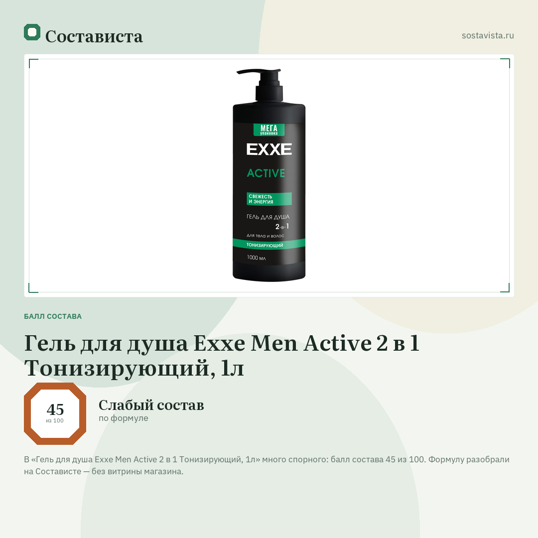 Гель для душа Exxe Men Active 2 в 1 Тонизирующий, 1л: балл состава 45 из 100 — Состависта