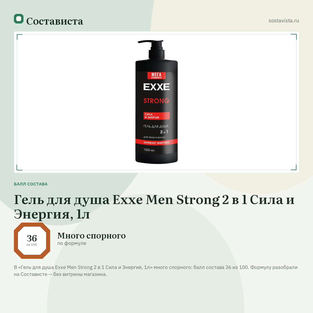 Гель для душа Exxe Men Strong 2 в 1 Сила и Энергия, 1л: балл состава 36 из 100 — Состависта