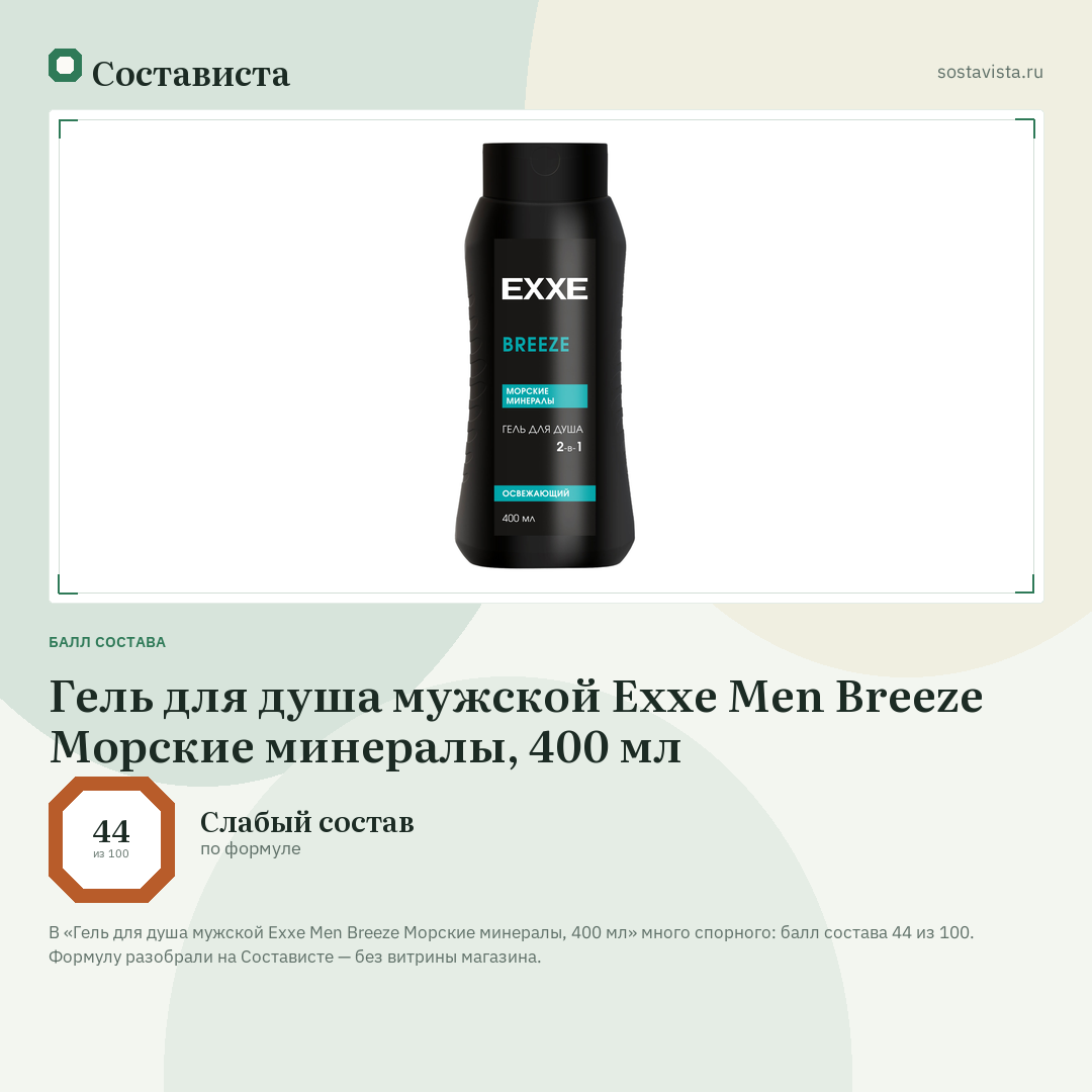 Гель для душа мужской Exxe Men Breeze Морские минералы, 400 мл: балл состава 44 из 100 — Состависта