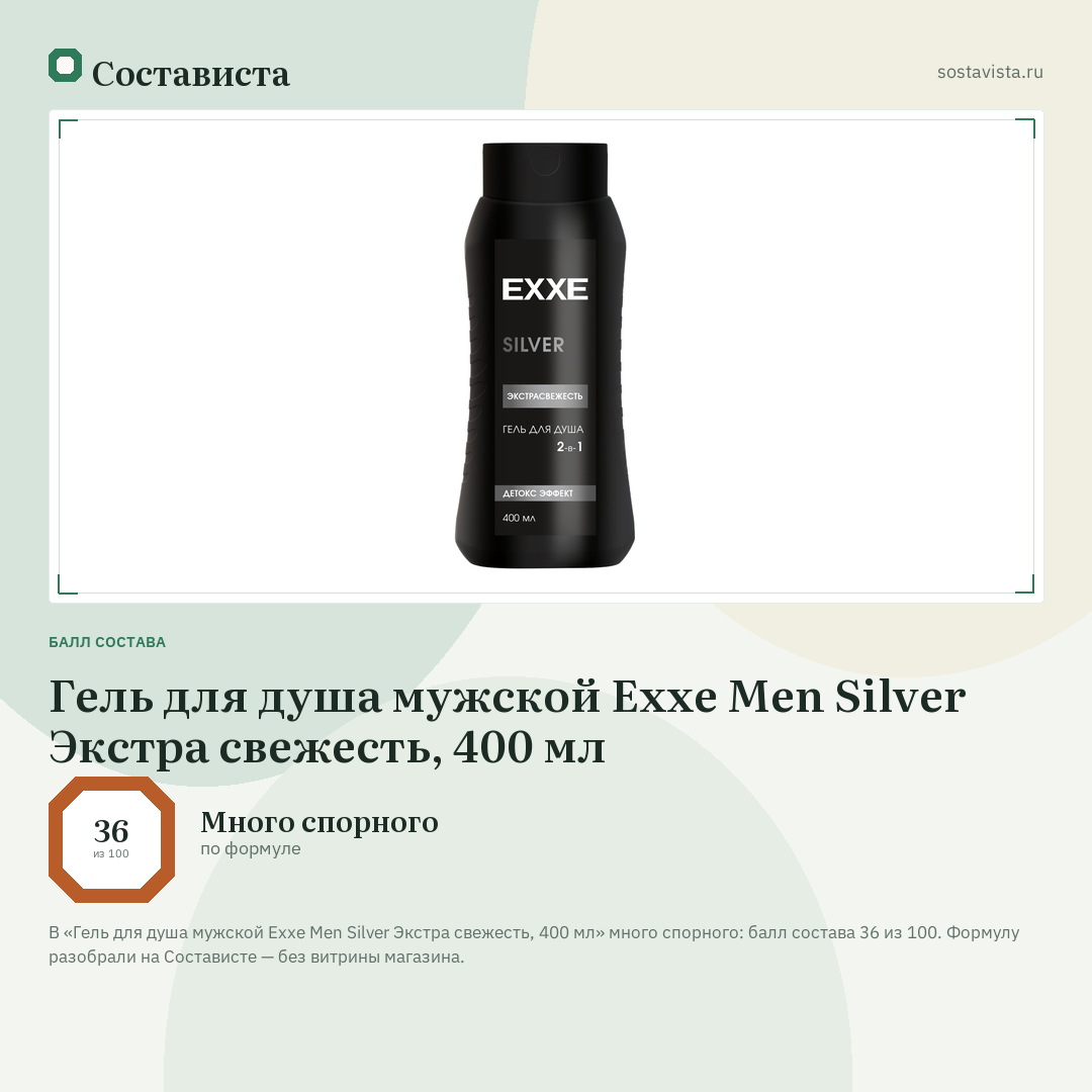 Гель для душа мужской Exxe Men Silver Экстра свежесть, 400 мл: балл состава 36 из 100 — Состависта