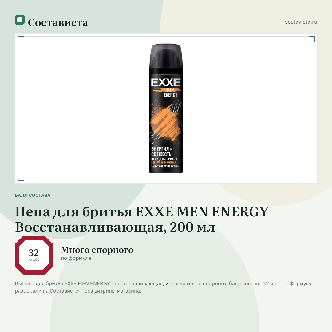 Пена для бритья EXXE MEN ENERGY Восстанавливающая, 200 мл: балл состава 32 из 100 — Состависта