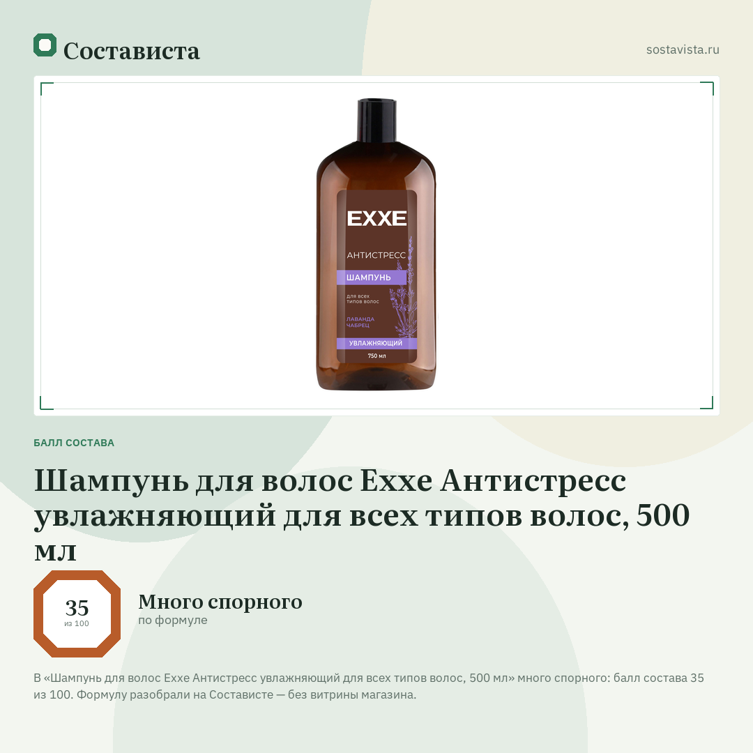 Шампунь для волос Exxe Антистресс увлажняющий для всех типов волос, 500 мл: балл состава 35 из 100 — Состависта