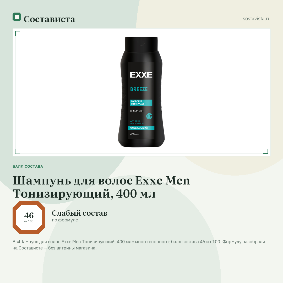 Шампунь для волос Exxe Men Тонизирующий, 400 мл: балл состава 46 из 100 — Состависта