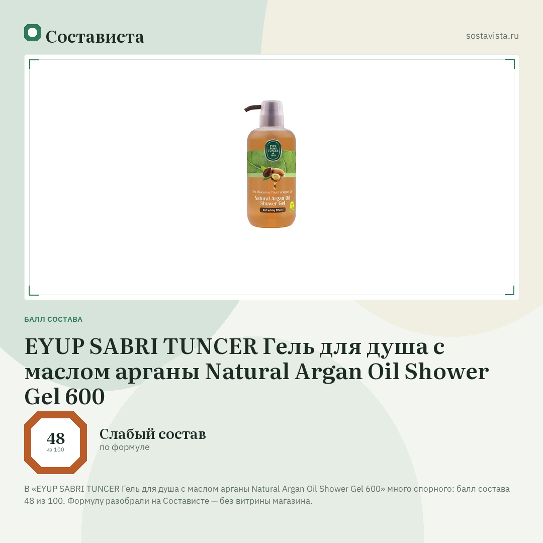 EYUP SABRI TUNCER Гель для душа с маслом арганы Natural Argan Oil Shower Gel 600: балл состава 48 из 100 — Состависта