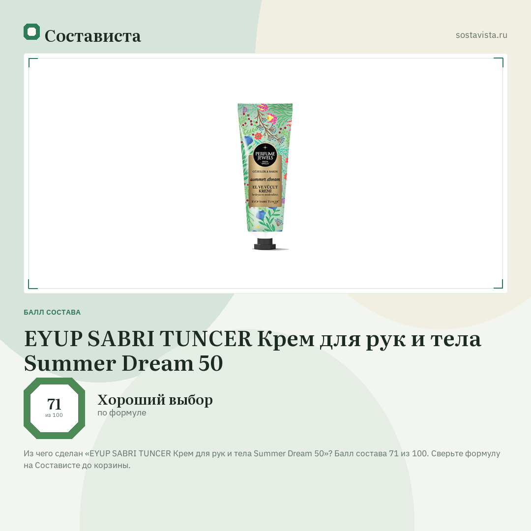EYUP SABRI TUNCER Крем для рук и тела Summer Dream 50: балл состава 71 из 100 — Состависта