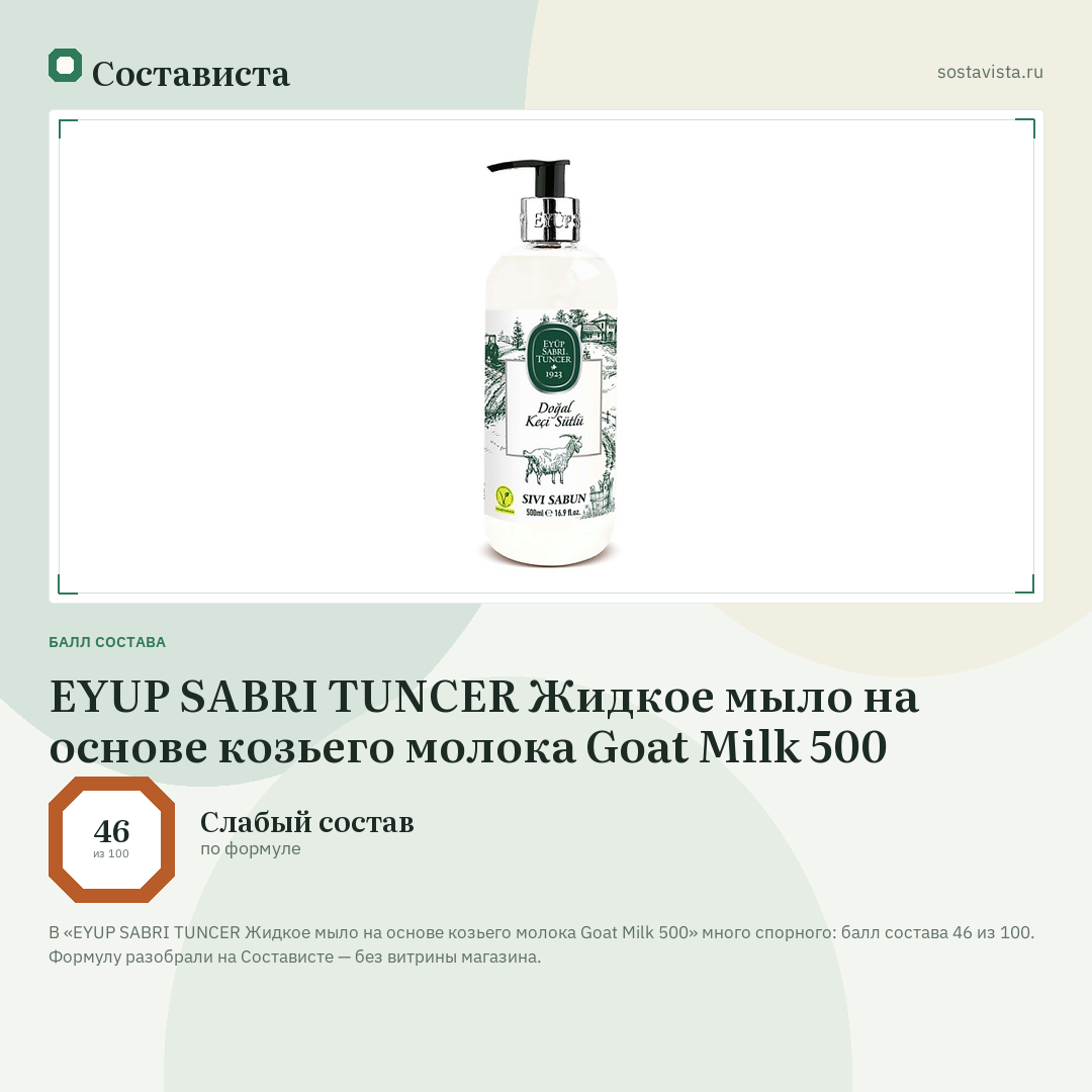 EYUP SABRI TUNCER Жидкое мыло на основе козьего молока Goat Milk 500: балл состава 46 из 100 — Состависта