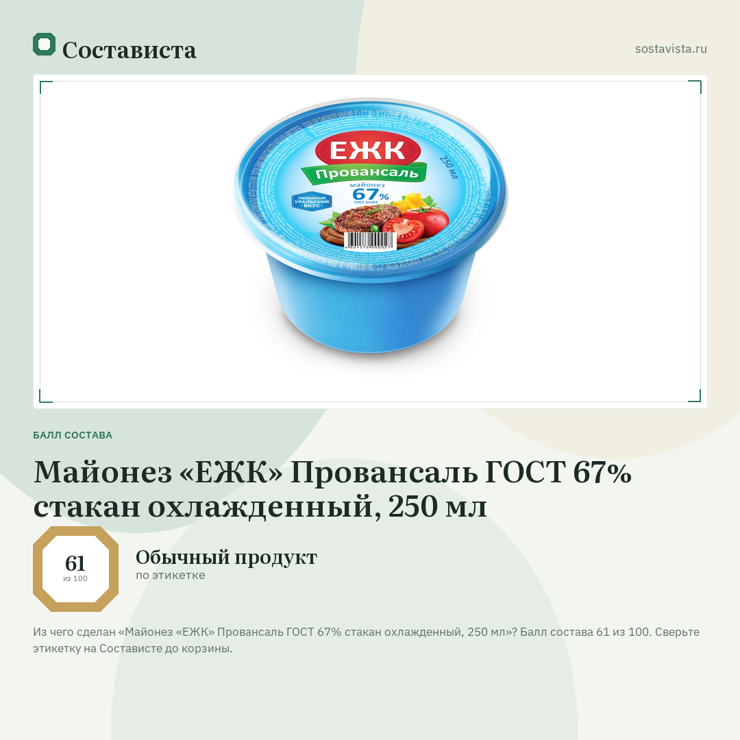 Майонез «ЕЖК» Провансаль ГОСТ 67% стакан охлажденный, 250 мл: балл состава 61 из 100 — Состависта