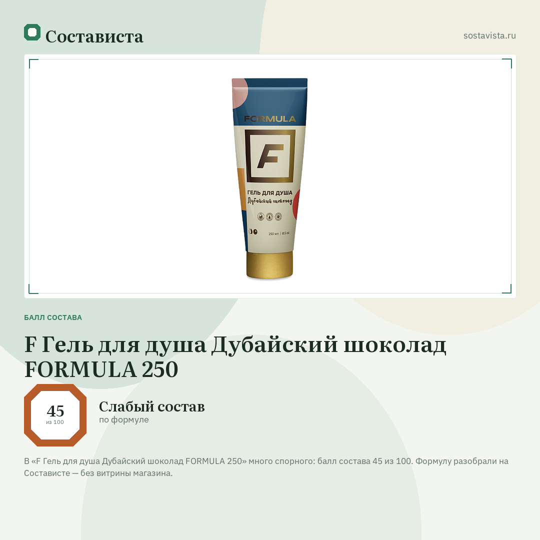 F Гель для душа Дубайский шоколад FORMULA 250: балл состава 45 из 100 — Состависта