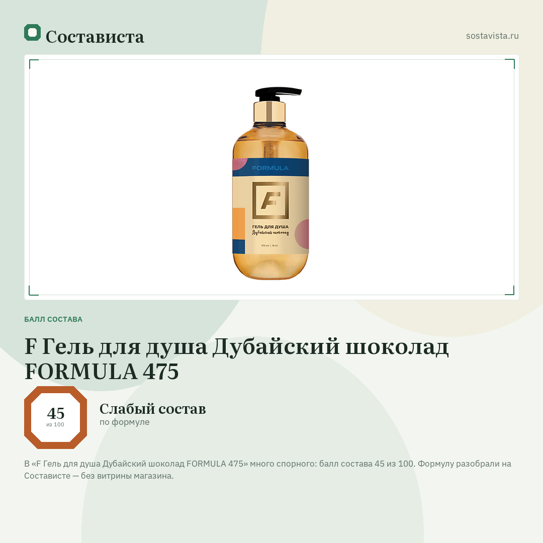 F Гель для душа Дубайский шоколад FORMULA 475: балл состава 45 из 100 — Состависта