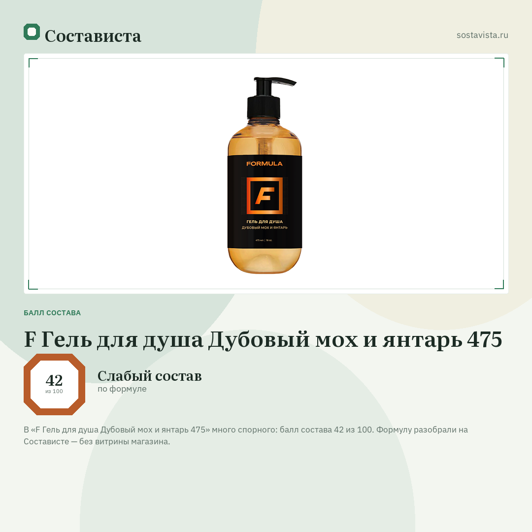 F Гель для душа Дубовый мох и янтарь 475: балл состава 42 из 100 — Состависта