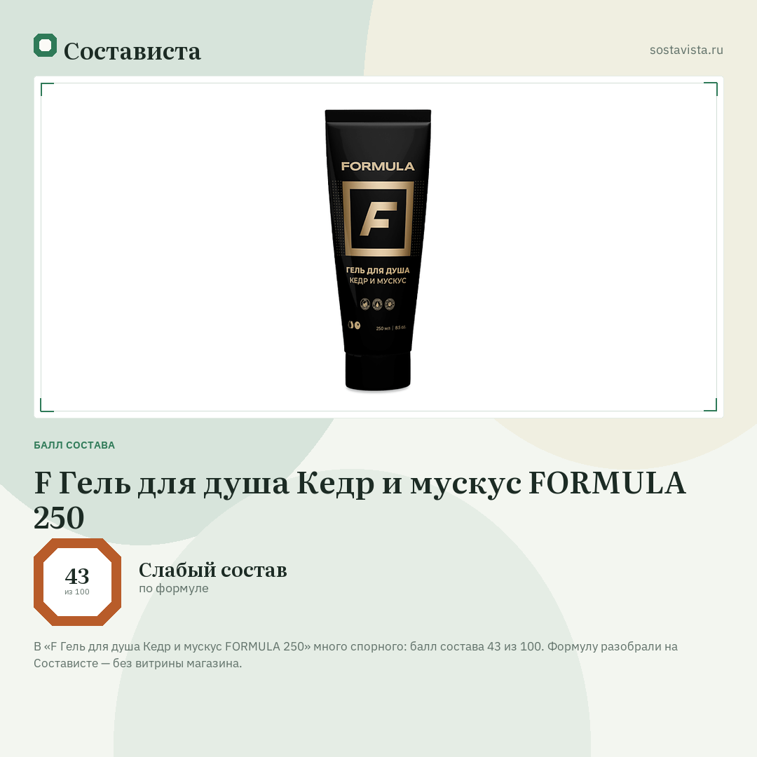 F Гель для душа Кедр и мускус FORMULA 250: балл состава 43 из 100 — Состависта