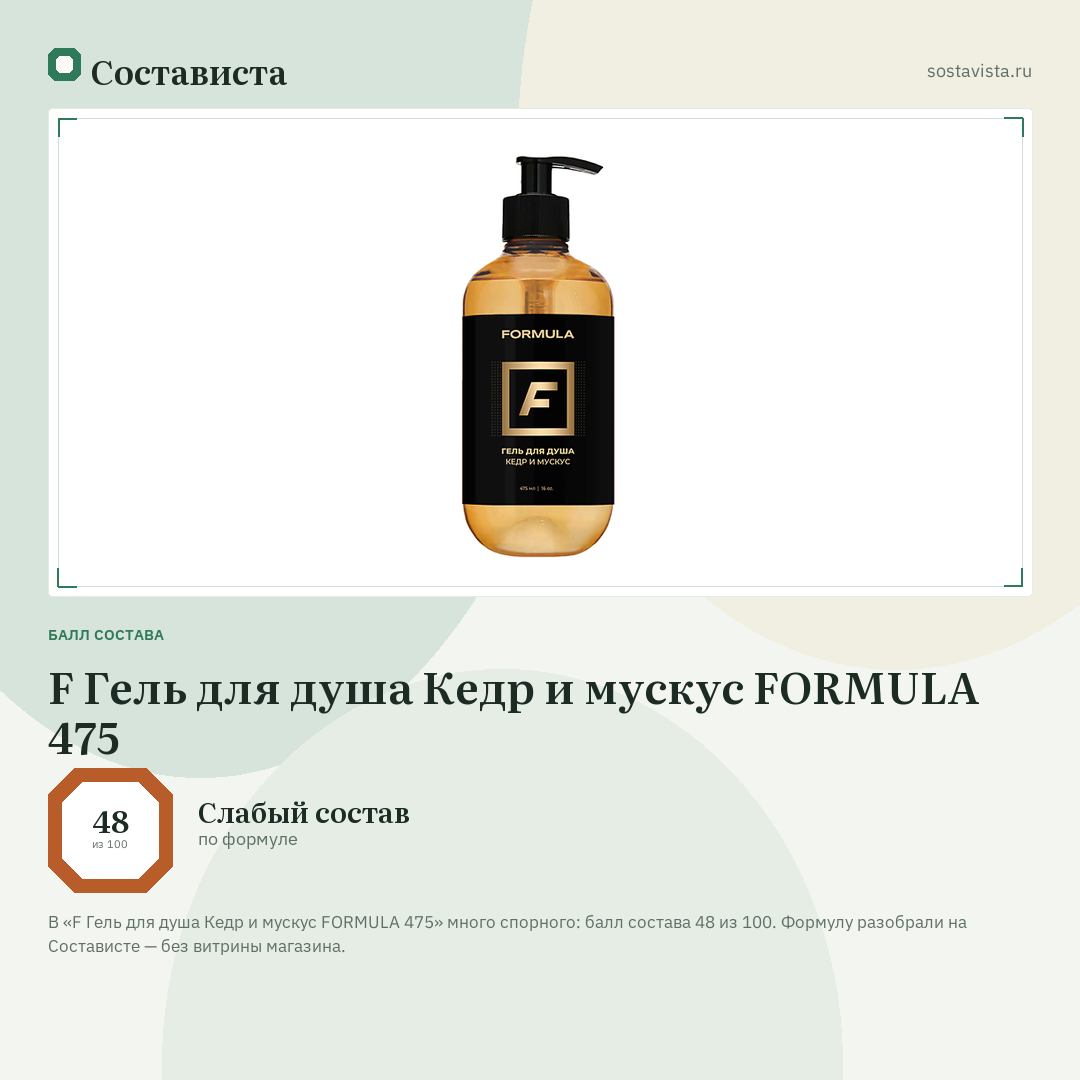 F Гель для душа Кедр и мускус FORMULA 475: балл состава 48 из 100 — Состависта