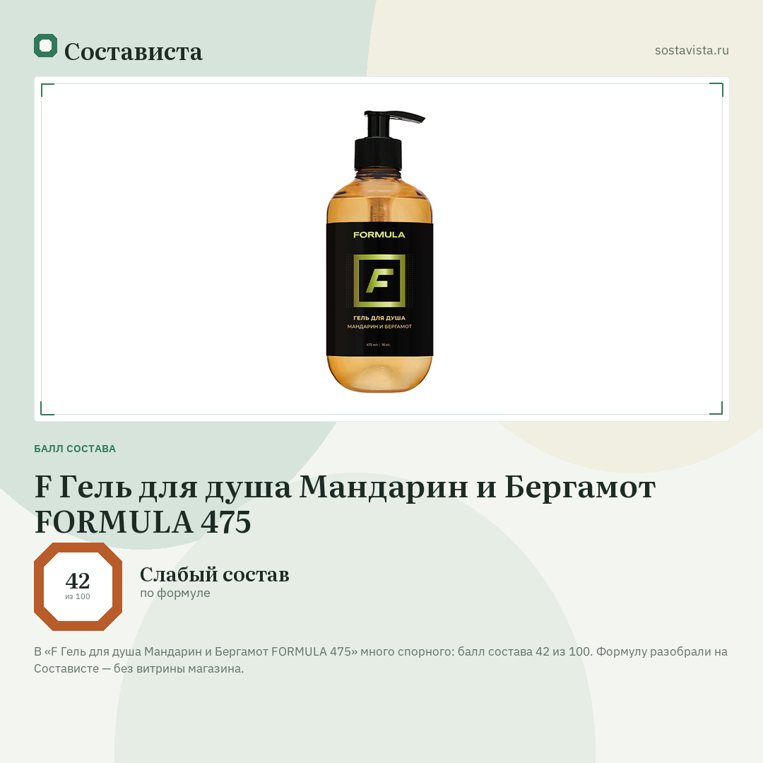 F Гель для душа Мандарин и Бергамот FORMULA 475: балл состава 42 из 100 — Состависта